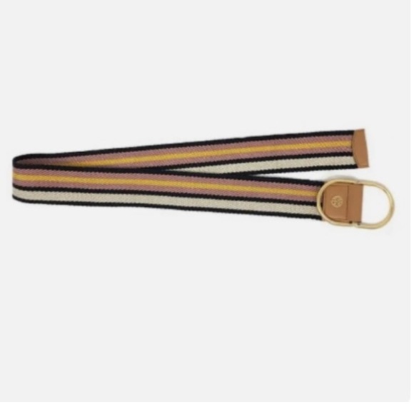 Tory Burch Web Belt Multicolor Stripe Brown Leather Buckle Gold Tone D Ring XS main image 4